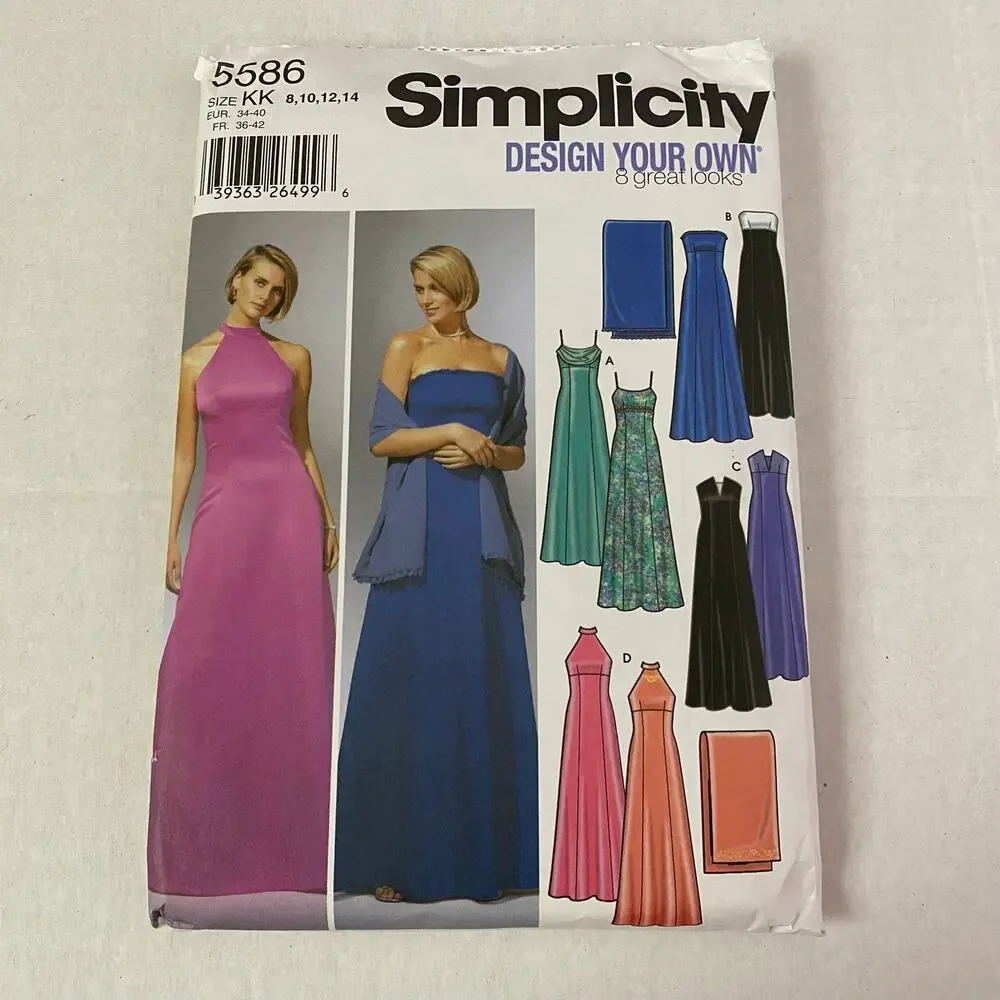 Simplicity 5586 Evening Gown Sewing Pattern Size 8 10 12 14 Formal Vintage UNCUT